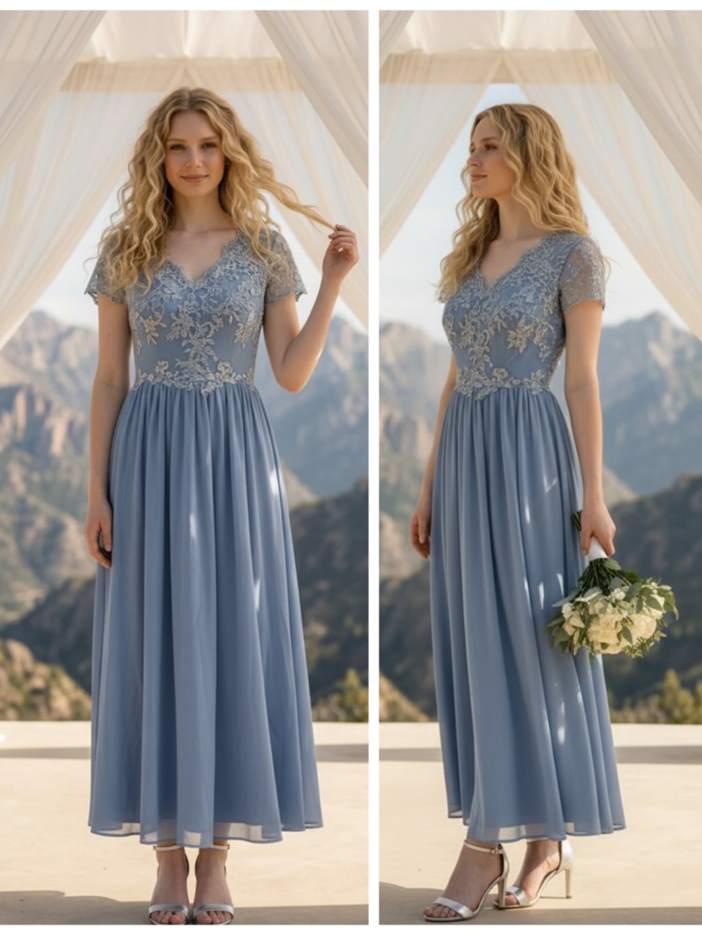 Light dusty blue Lace Maxi Dress semi sheer prom ball bridesmaid wedding sz 8